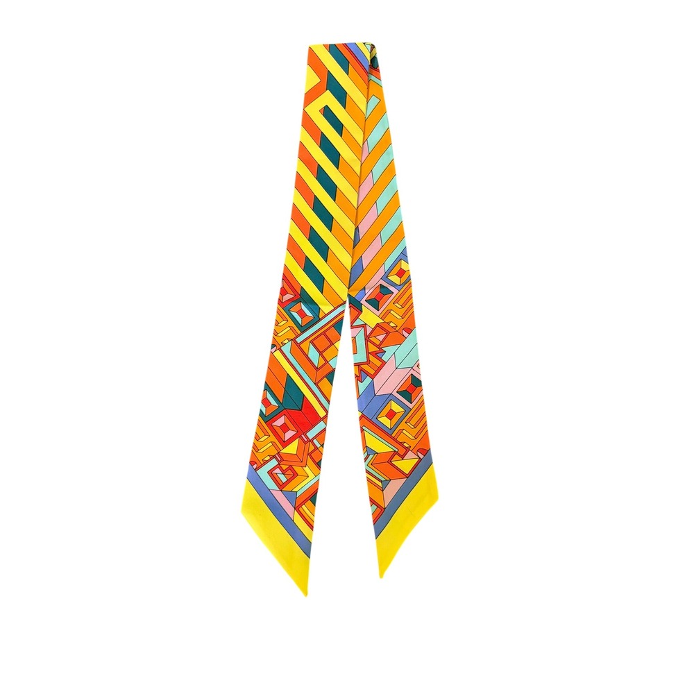 French Silk Skinny Scarf Geometric Print Twilly Multicolor Made in France
